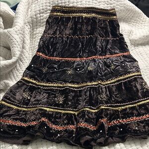 Embroidered Velvet Skirt in Brown and Gold